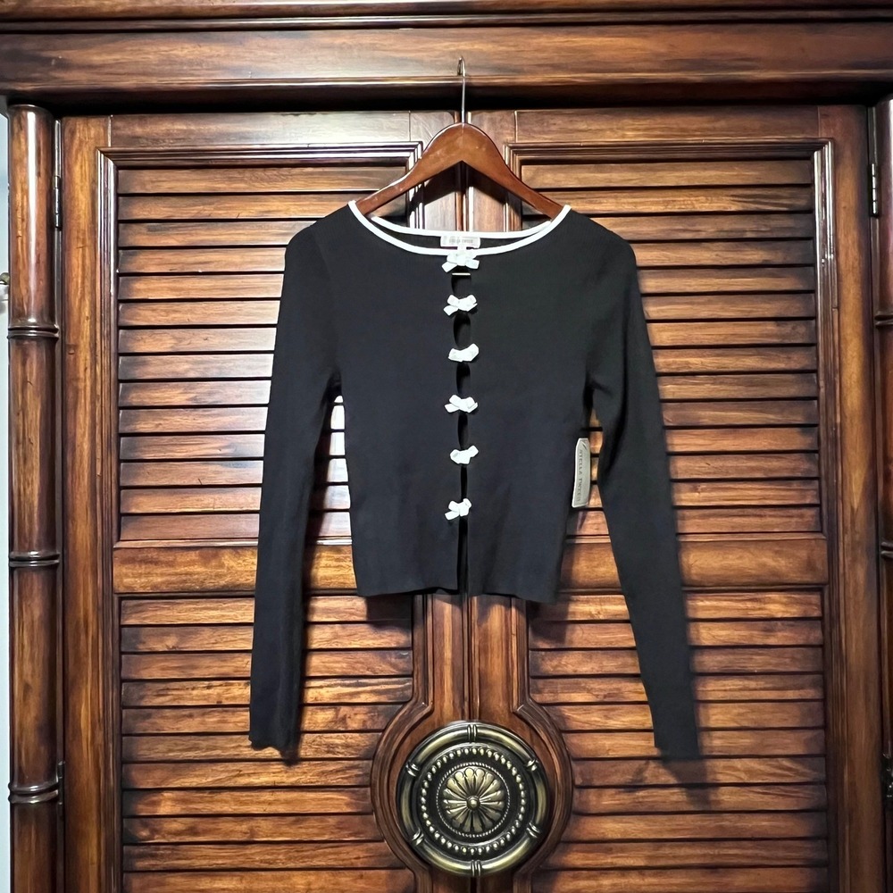 NWT Stella Tweed Black Ribbed Knit Cardigan Top White Bow Keyhole Top Sz Medium